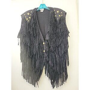 Vintage Suzy T Women's Western Sweater Vest Fringe Gold Stars Black XL USA Made